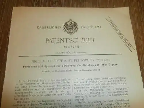 original Patent -  Nicolas Lébédeff in St. Petersburg / Russland , 30.11.1890 , Metall-Gewinnung !!