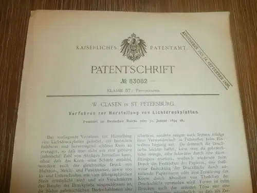 original Patent -  W. Clasen in St. Petersburg / Russland , 31.01.1894 , Lichtdruckplatten , Photographie !!