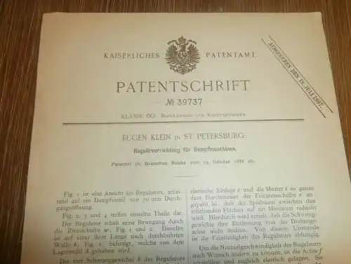 original Patent -  Eugen Klein in St. Petersburg / Russland , 13.10.1886 , Regulierung für Dampfmaschine !!