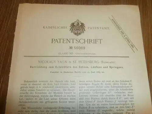 original Patent - Nicolaus Yagn in St. Petersburg / Russland , 25.06.1889 , Apparat zum Laufen und Springen !!