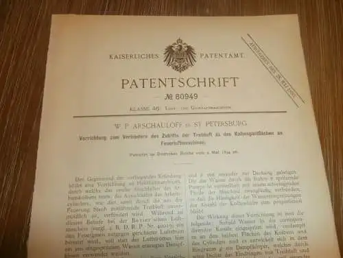 original Patent - W.P. Arschauloff in St. Petersburg / Russland , 2.05.1894 , Heissluftmaschine , Motor !!