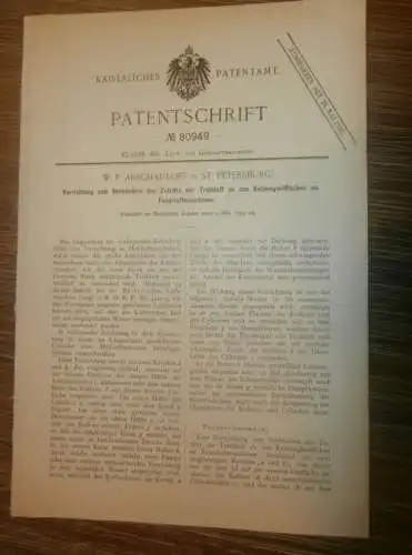 original Patent - W.P. Arschauloff in St. Petersburg / Russland , 2.05.1894 , Heissluftmaschine , Motor !!