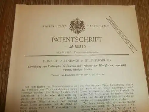 original Patent - Heinrich Allenbach in St. Petersburg / Russland , 1.07.1894 , Gelatine - Trockner !!