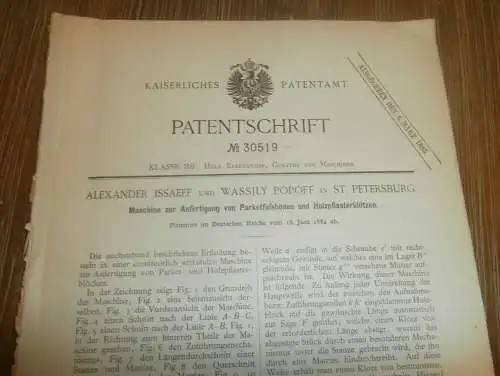 original Patent - Alexander Issaeff und Wassily Popoff in St. Petersburg / Russland , 18.06.1884 , Parkett - Maschine !!