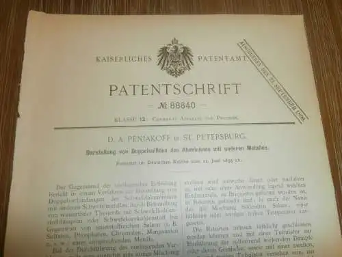 original Patent - Dr. A. Peniakoff in St. Petersburg / Russland , 11.06.1895 , Aluminium aus Sulfiden , Chemie !!!