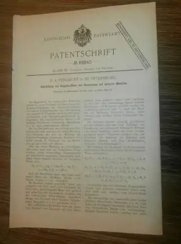 original Patent - Dr. A. Peniakoff in St. Petersburg / Russland , 11.06.1895 , Aluminium aus Sulfiden , Chemie !!!