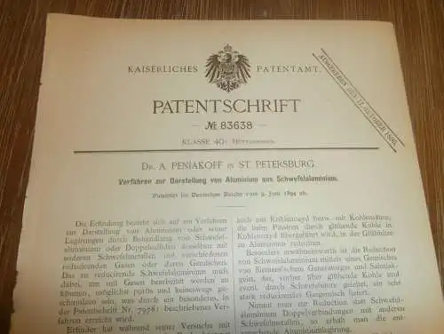 original Patent - Dr. A. Peniakoff in St. Petersburg / Russland , 9.06.1894 , Aliminium Herstellung , Chemie !!!