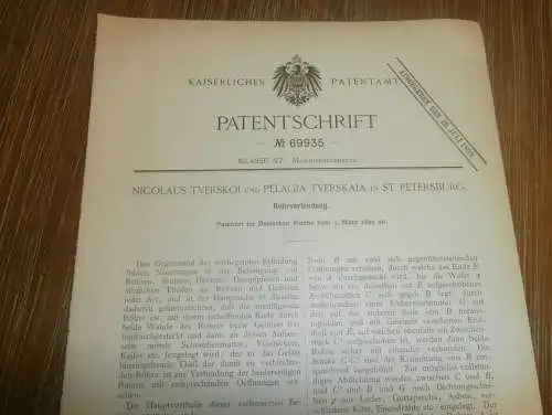 original Patent - Nocolaus Tverskoi und Pelagia Tverskaia in St. Petersburg / Russland , 5.03.1892 , Dampfmaschine !!!