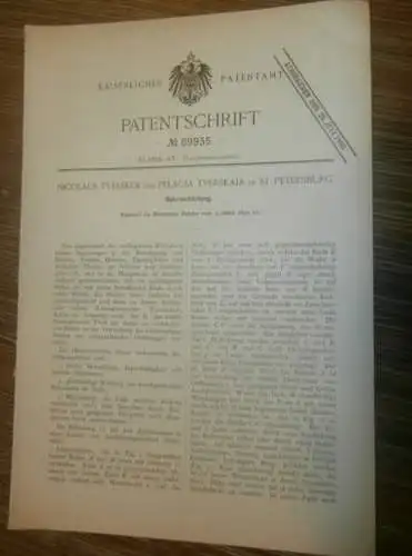 original Patent - Nocolaus Tverskoi und Pelagia Tverskaia in St. Petersburg / Russland , 5.03.1892 , Dampfmaschine !!!