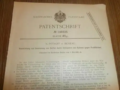 original Patent - N. Petroff in Moskau / Russland , 7.05.1902 , Apparat für Butter , Molke !!