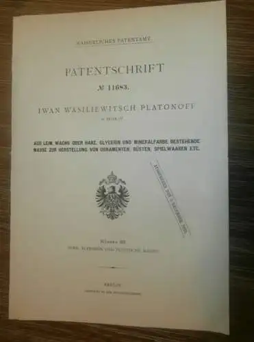 original Patent - Iwan Platonoff in Moskau / Russland , 26.03.1880 , Masse für Spielzeug , unzerbrechlich , Ornamente !!