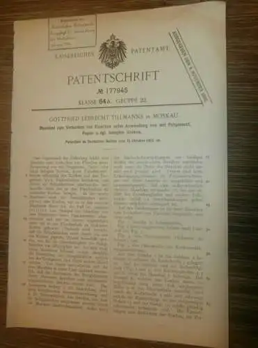 original Patent - Gottfried Lebrecht Tillmanns in Moskau , 15.10.1905 , Korkmaschine für Flaschen , Korken , Kronkorken