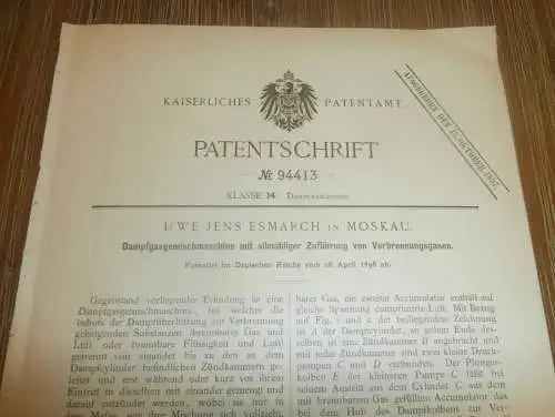 original Patent - Uwe Jens Esmarch in Moskau , 28.04.1896 , Dampfmaschine !!