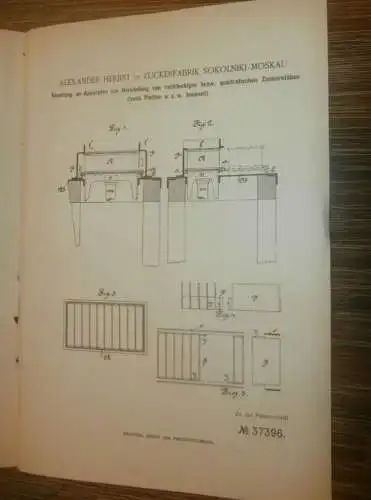 original Patent -  Alexander Herbst in Zuckerfabrik in Sokolniki - Moskau , 22.01.1886 , Würfelzucker , Zucker !!