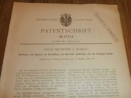 original Patent - Adolf Brunstein in Moskau , 12.01.1886 , Apparat für Alizariöl , Chemie , Medizin !!