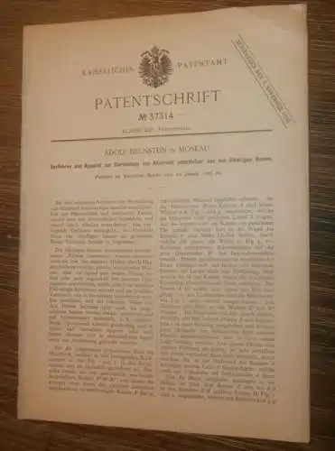 original Patent - Adolf Brunstein in Moskau , 12.01.1886 , Apparat für Alizariöl , Chemie , Medizin !!