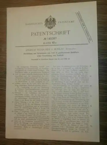 original Patent - Andreas Hendunen in Moskau , 24.06.1902 , Apparat für Torf !!