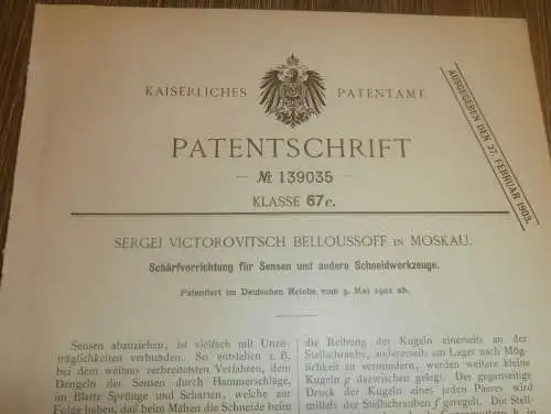 original Patent - Sergei Belloussoff in Moskau , 3.05.1902 , Schärfapparat für Sensen , Sense !!