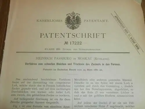 original Patent - Heinrich Passburg in Moskau , 25.03.1881 , Bleichen und Trocknen von Zucker , Zuckerfabrik !!