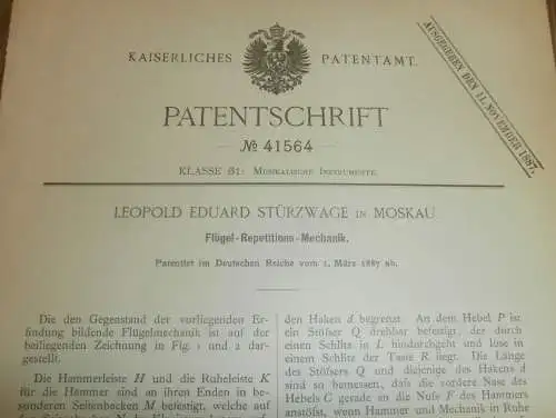 original Patent - Leopold Eduard Stürzwage in Moskau , 1.03.1887 , Mechanik für Flügel , Klavier , Musik , Piano !!