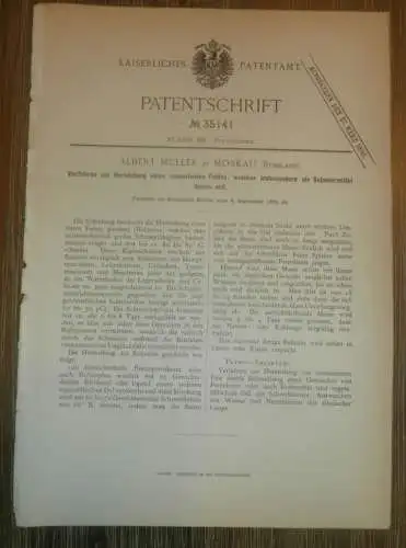 original Patent - Albert Müller in Moskau , 6.09.1885 , BAKURIN Herstellung , Fett , Schmiere !!