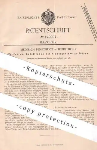 original Patent - Heinrich Penschuk , Heidelberg , 1901 , Füllen von Metalltuben mit Flüssigkeiten | Tube | Creme , Leim