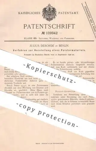 original Patent - Julius Deborde , Berlin 1898 , Herst. von Polstermaterial | Polsterstoff , Polster | Sattler Sattlerei