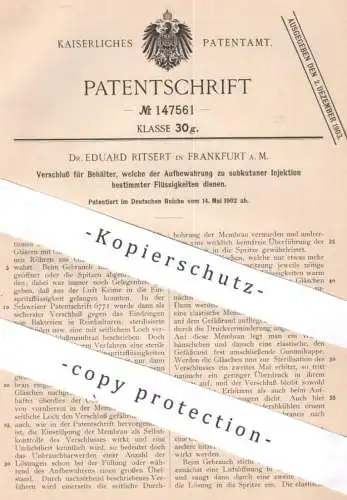 original Patent - Dr. Eduard Ritsert , Frankfurt / Main , 1902 , Verschluss für Behälter für Injektionen | Glasröhren !!