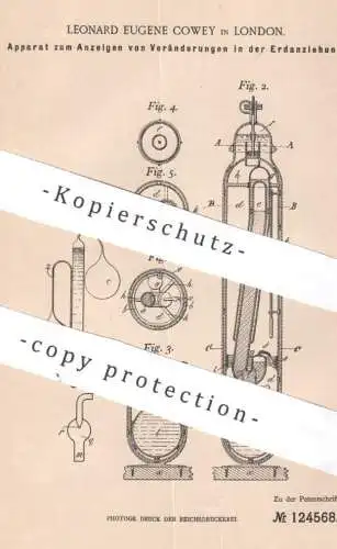 original Patent - Leonard Eugene Cowey , London , England , 1900 , Anzeige bei Veränderung der Erdanziehung | Luftdruck