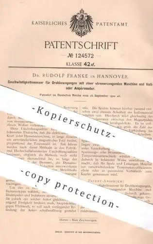 original Patent - Dr. Rudolf Franke , Hannover , 1900 , Geschwindigkeitsmesser | Volt , Ampère | Strom , Elektromagnet