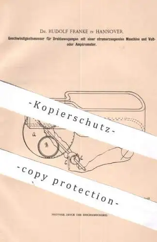 original Patent - Dr. Rudolf Franke , Hannover , 1900 , Geschwindigkeitsmesser | Volt , Ampère | Strom , Elektromagnet