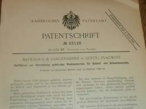 original Patent - Backhaus & Langensiepen in Leipzig Plagwitz , 15.10.1896 , Stahlmaterial zum Schleifen und Schneiden !