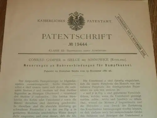 original Patent - Georg Gamper in Sielce b. Sosnowice i. Polen , 29.11.1881 , Apparat für Dampfmaschine , Russland !!