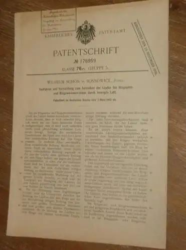 original Patent - Wilhelm Schön in Sosnowice i. Polen , 7.03.1905 , Apparat für Spinnmaschine , Spinnerei , Zwirn !!