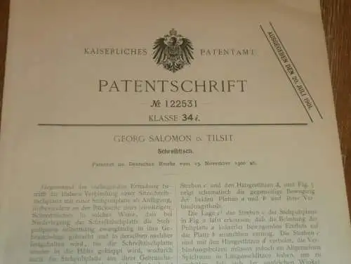 original Patent - Georg Salomon in Tilsit / Sowetsk  in Ostpreussen , 15.11.1900 , Schreibtisch , Möbel , Tischlerei !!