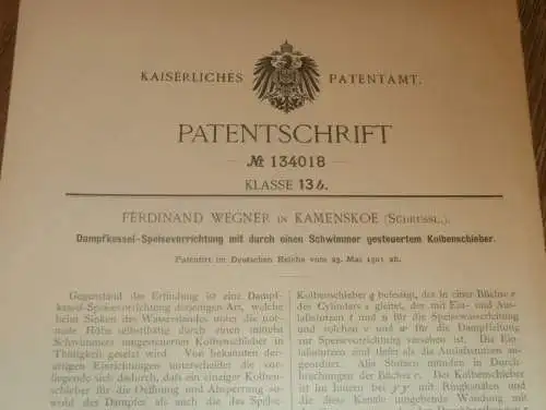 original Patent - Ferdinand Wegner in Kamenskoe / Kamjanske in Russland , 23.05.1901 , Apparat für Dampfmaschine !!