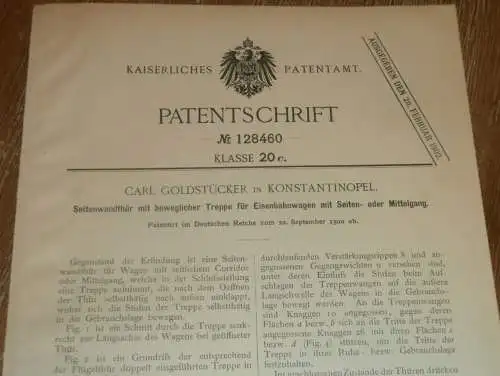 original Patent - Carl Goldstücker in Konstantinopel / Istanbul , 22.09.1900 , Tür für Eisenbahn , Waggon !!!