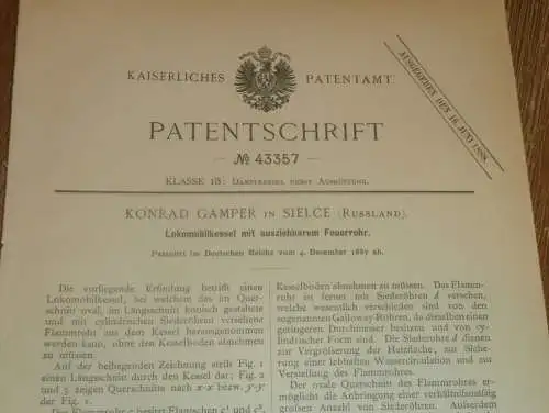 original Patent - Konrad Gamper in Sielce / Polen , 4.12.1887 , Lokomobile mit Feuerrohr , Lokomotive Russland !!!