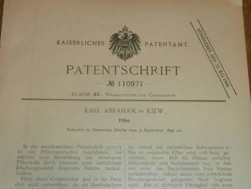 original Patent - Karl Abraham in Kiew / Russland , 5.09.1897 , Filter , Sanitär , Wasserversorgung !!!