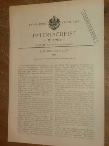 original Patent - Karl Abraham in Kiew / Russland , 5.09.1897 , Filter , Sanitär , Wasserversorgung !!!