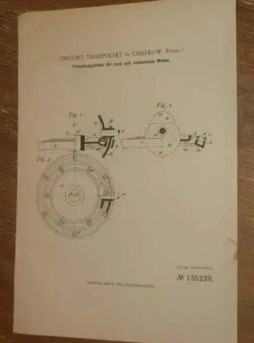 original Patent - Grigory Tiraspolsky in Charkow / Charkiw i. Russland , 28.01.1902 , Getriebe , Maschinenbau !!!