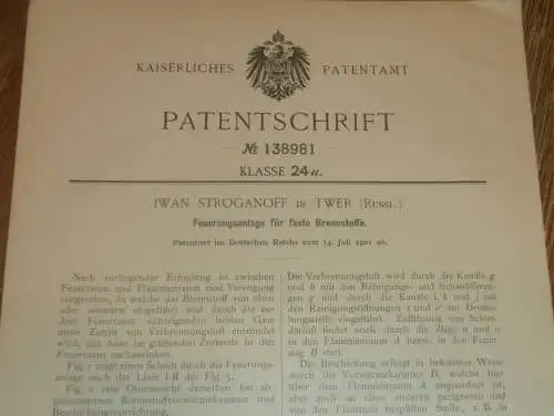 original Patent - Iwan Stroganoff in Twer / Russland , 14.07.1901 , Feuerungsanlage , Heizung , Heizungsbau !!!