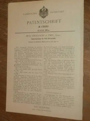 original Patent - Iwan Stroganoff in Twer / Russland , 14.07.1901 , Feuerungsanlage , Heizung , Heizungsbau !!!