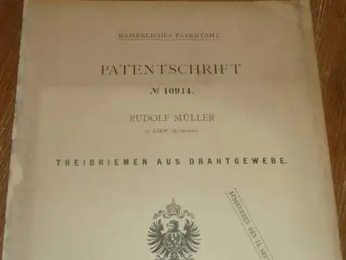 original Patent - Rudolf Müller in Kiew / Russland , 12.03.1880 , Treibriemen aus Draht , Maschinebau !!!