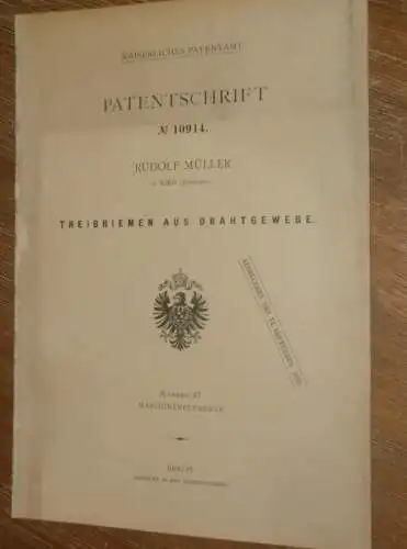 original Patent - Rudolf Müller in Kiew / Russland , 12.03.1880 , Treibriemen aus Draht , Maschinebau !!!