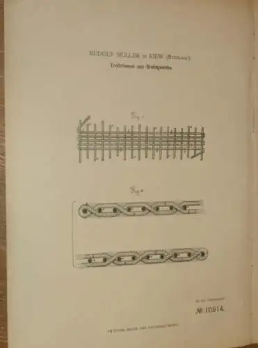 original Patent - Rudolf Müller in Kiew / Russland , 12.03.1880 , Treibriemen aus Draht , Maschinebau !!!