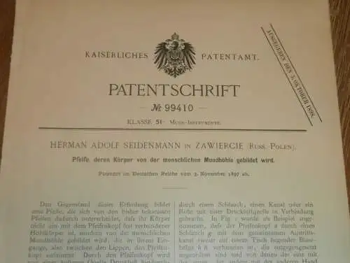 original Patent - Paul Göldner in Zawiercie i. Polen , 3.11.1897 , Pfeife , Musik !!!