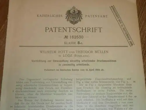 original Patent - Wilhelm Rott und Theodor Müllen in Moskau / Russland , 12.04.1904 , Druckmaschine , Druckerei !!!