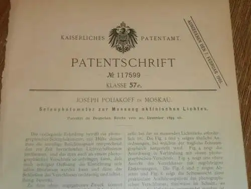 original Patent - Joseph Poliakoff in Moskau / Russland , 20.12.1899 , Selenphotometer für aktinisches Licht !!!