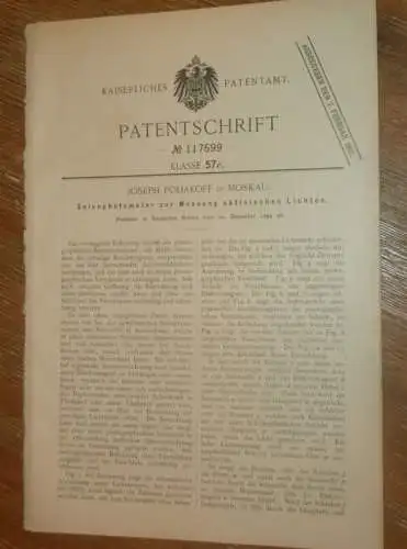 original Patent - Joseph Poliakoff in Moskau / Russland , 20.12.1899 , Selenphotometer für aktinisches Licht !!!